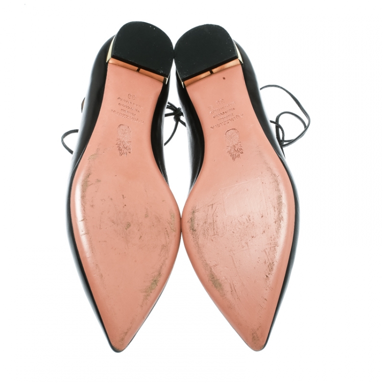 Pre Owned Aquazzura Black Leather Christy Lace Up Pointed Toe Flats Size 38