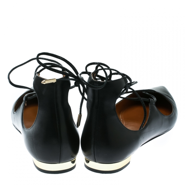 Pre Owned Aquazzura Black Leather Christy Lace Up Pointed Toe Flats Size 38