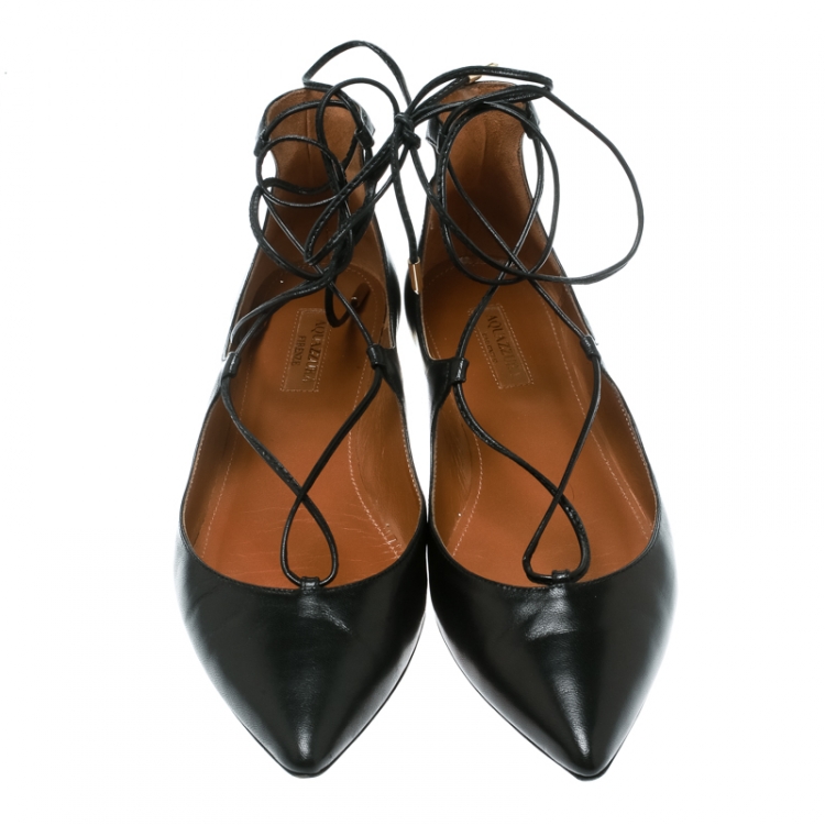 Pre Owned Aquazzura Black Leather Christy Lace Up Pointed Toe Flats Size 38