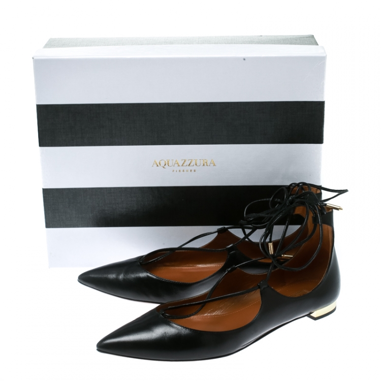 Pre Owned Aquazzura Black Leather Christy Lace Up Pointed Toe Flats Size 38