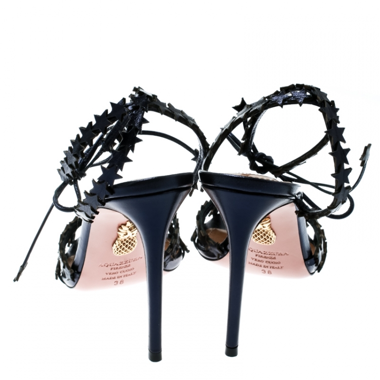 مملوكة مسبقًا Aquazzura Metallic Blue Leather Starlight Ankle Strap Open Toe Sandals Size 38