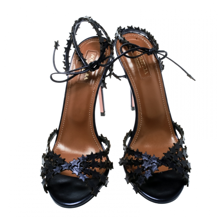 مملوكة مسبقًا Aquazzura Metallic Blue Leather Starlight Ankle Strap Open Toe Sandals Size 38