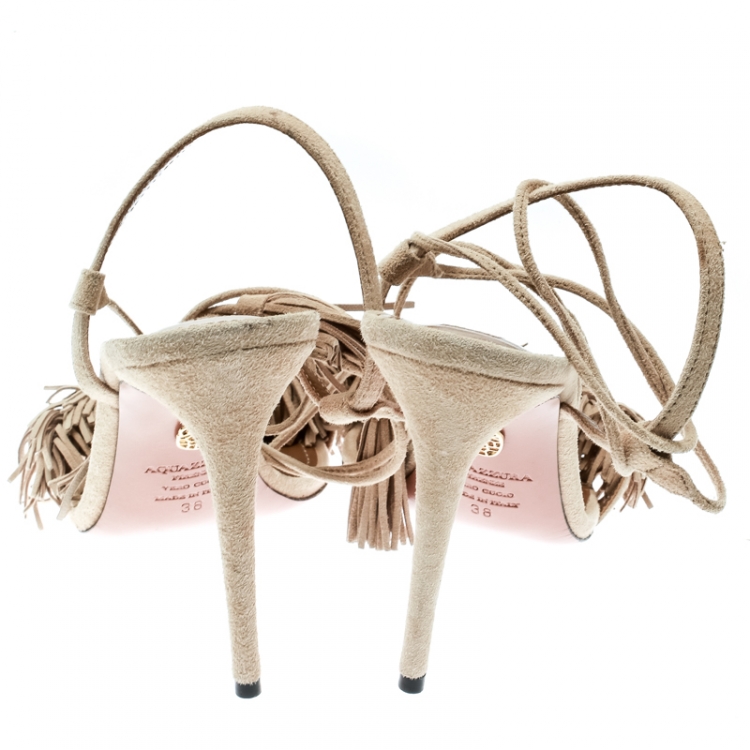 Pre Owned Aquazzura Beige Fringed Suede Wild Thing Ankle Wrap Sandals Size 38