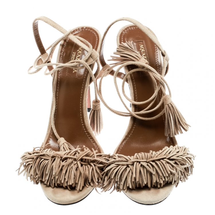 Pre Owned Aquazzura Beige Fringed Suede Wild Thing Ankle Wrap Sandals Size 38