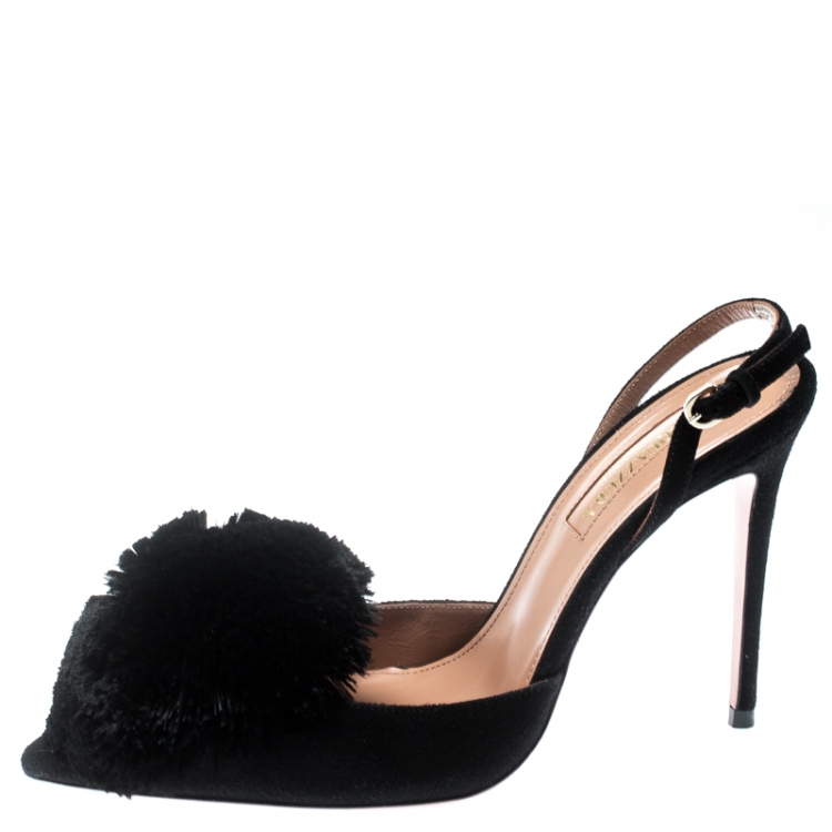 Pre Owned Aquazzura Black Suede Powder Puff Pointed Toe Slingback Sandals Size 36