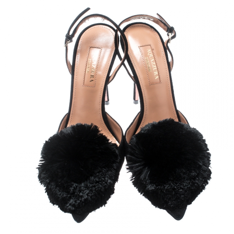 Pre Owned Aquazzura Black Suede Powder Puff Pointed Toe Slingback Sandals Size 36