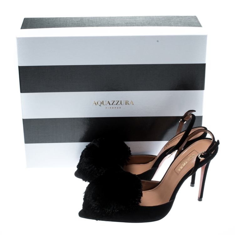 Pre Owned Aquazzura Black Suede Powder Puff Pointed Toe Slingback Sandals Size 36