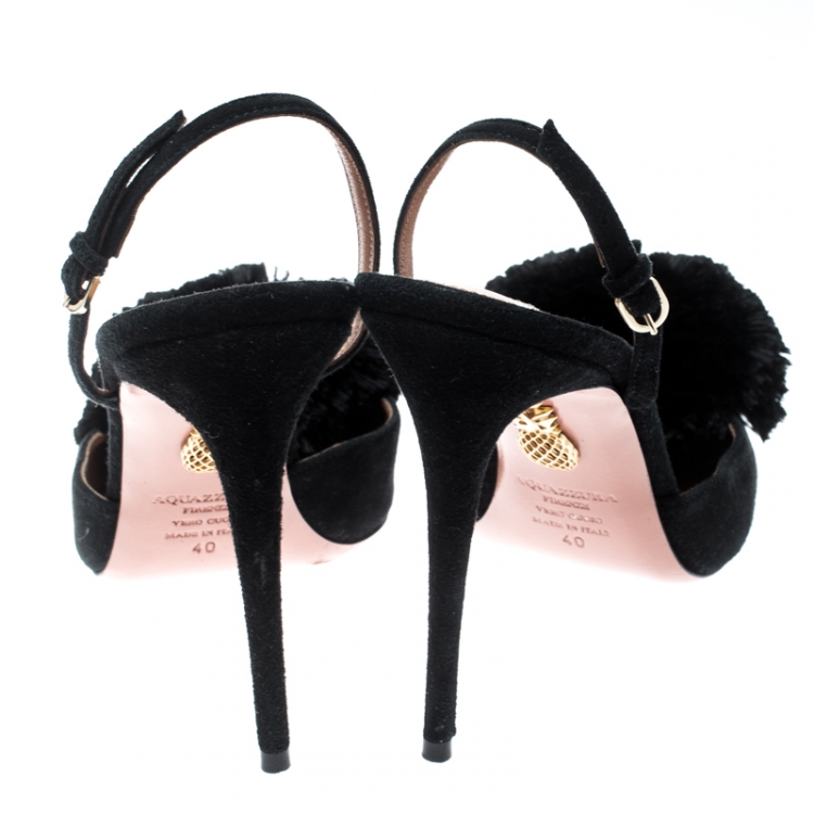 Pre Owned Aquazzura Black Suede Powder Puff Pointed Toe Slingback Sandals Size 40