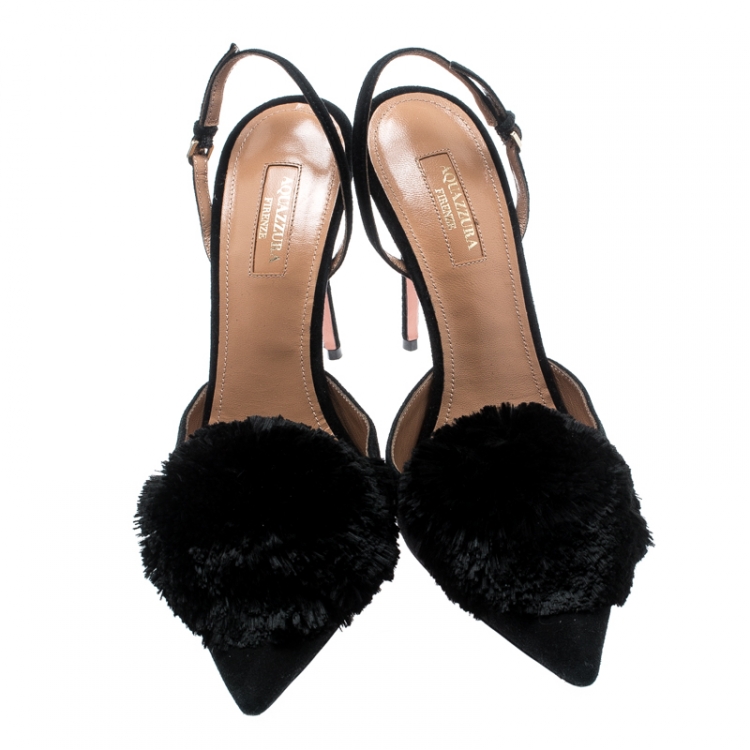Pre Owned Aquazzura Black Suede Powder Puff Pointed Toe Slingback Sandals Size 40