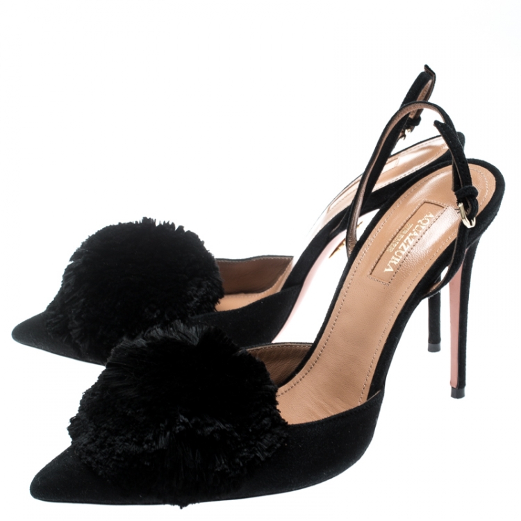 Pre Owned Aquazzura Black Suede Powder Puff Pointed Toe Slingback Sandals Size 40