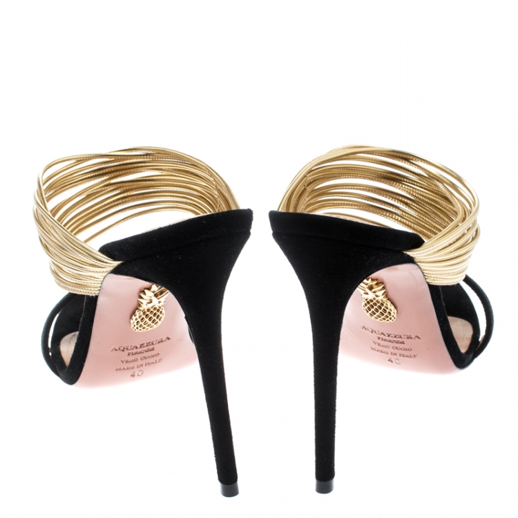 Pre Owned Aquazzura Metallic Gold Leather And Black Suede Rendez Vous Sandals Size 40