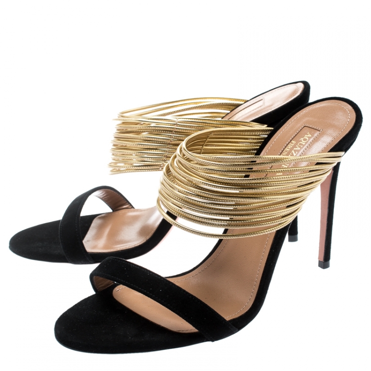 Pre Owned Aquazzura Metallic Gold Leather And Black Suede Rendez Vous Sandals Size 40