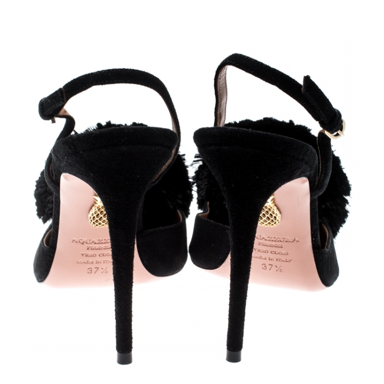 Pre Owned Aquazzura Black Suede Powder Puff Pointed Toe Slingback Sandals Size 37.5