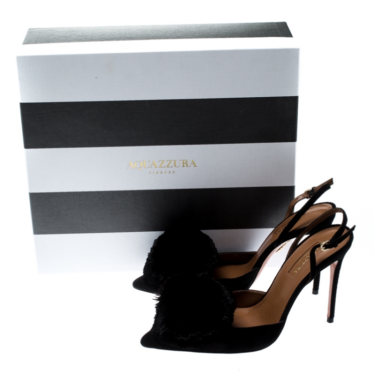 Pre Owned Aquazzura Black Suede Powder Puff Pointed Toe Slingback Sandals Size 37.5