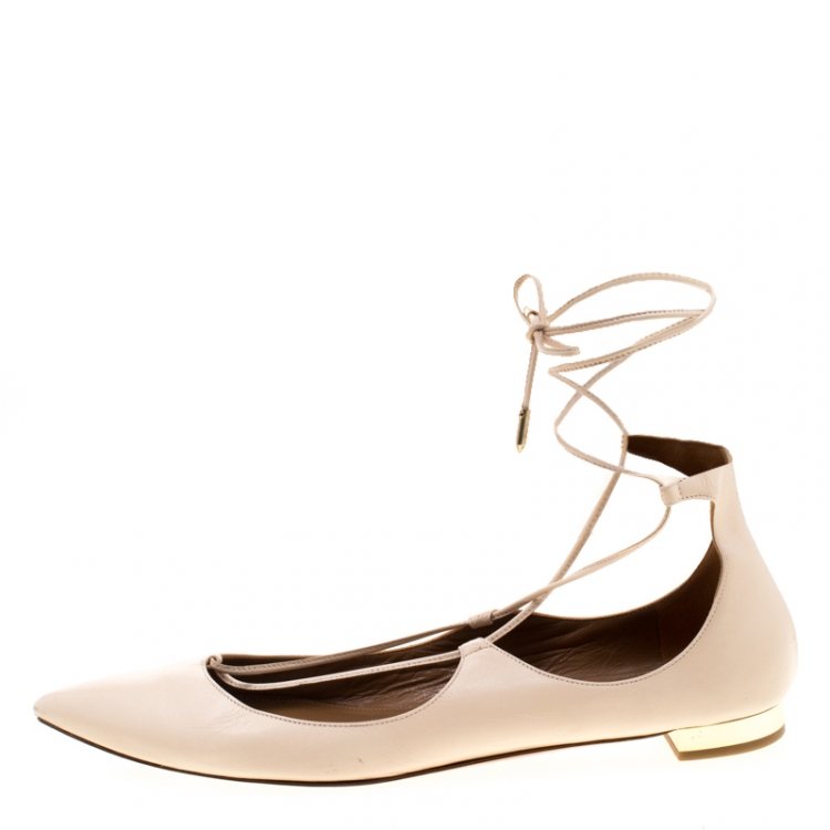 Pre Owned Aquazzura Beige Leather Christy Lace Up Pointed Toe Flats Size 41