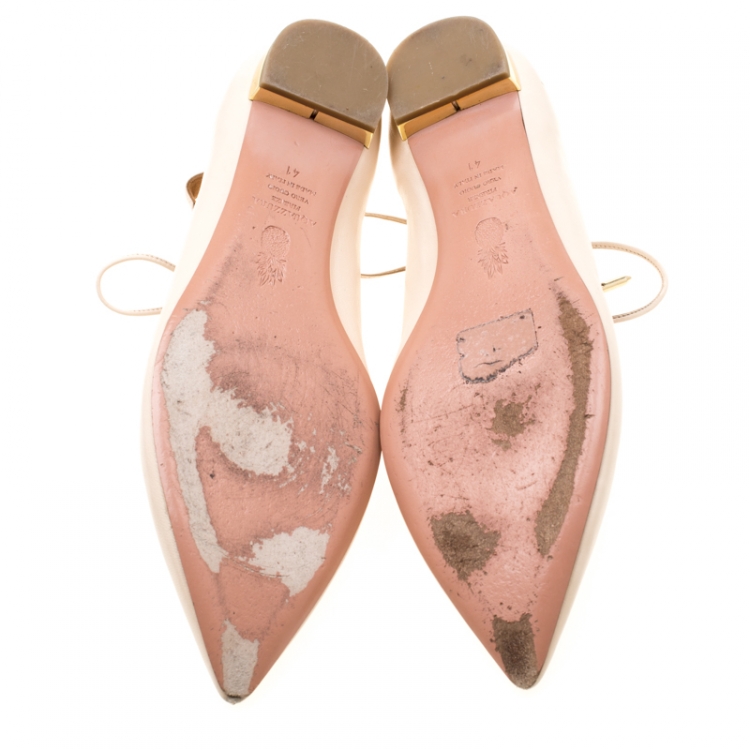 Pre Owned Aquazzura Beige Leather Christy Lace Up Pointed Toe Flats Size 41