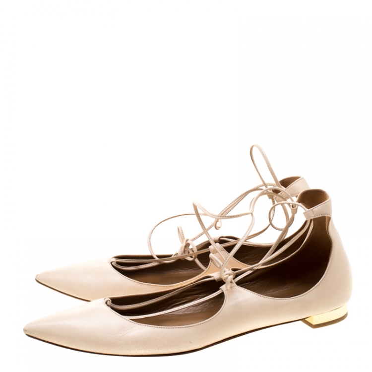 Pre Owned Aquazzura Beige Leather Christy Lace Up Pointed Toe Flats Size 41