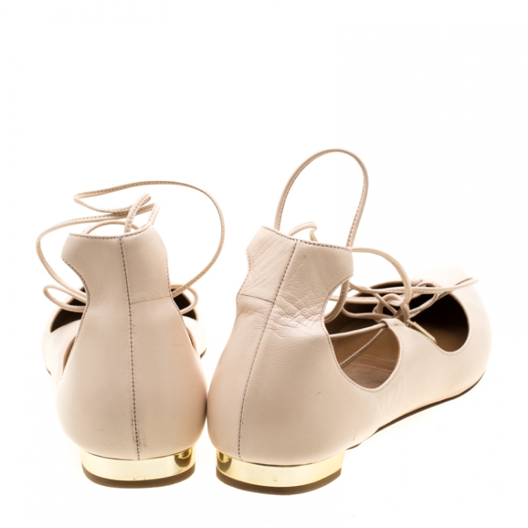 Pre Owned Aquazzura Beige Leather Christy Lace Up Pointed Toe Flats Size 41