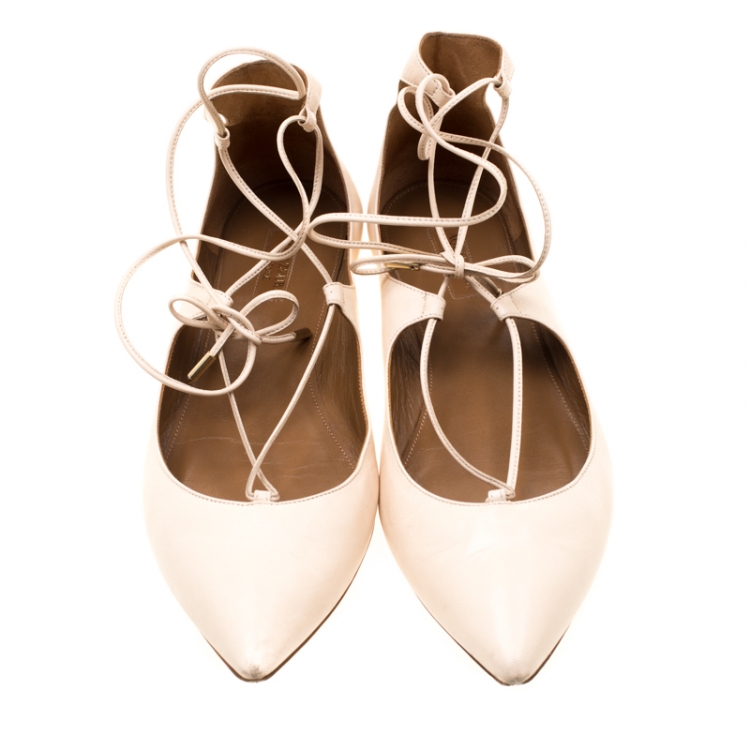 Pre Owned Aquazzura Beige Leather Christy Lace Up Pointed Toe Flats Size 41