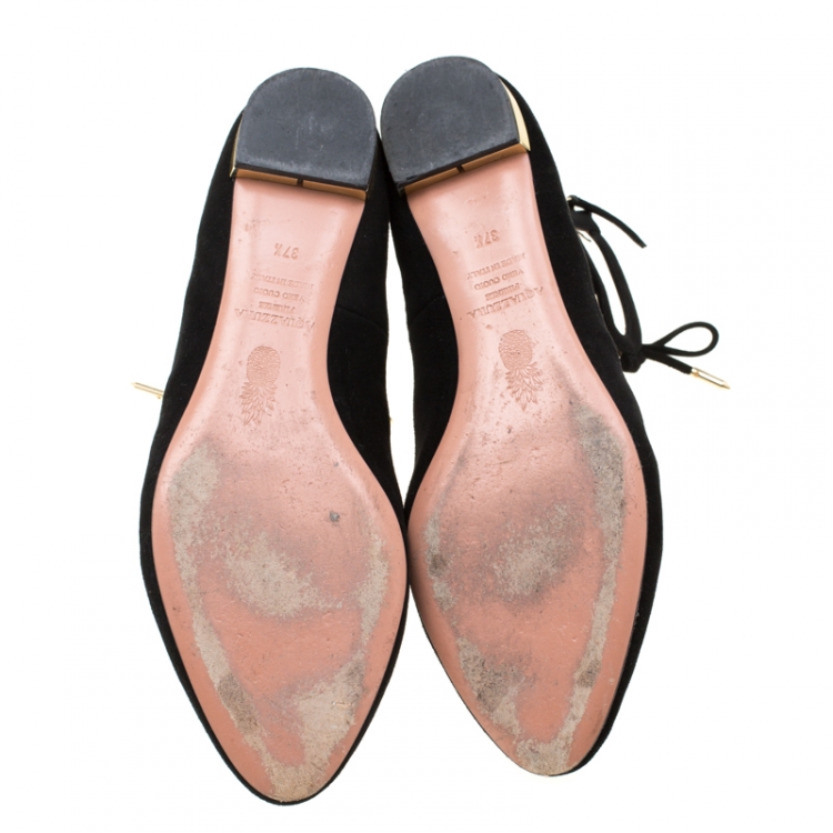 Pre Owned Aquazzura Black Suede Dancer Lace Up Ballet Flats Size 37.5