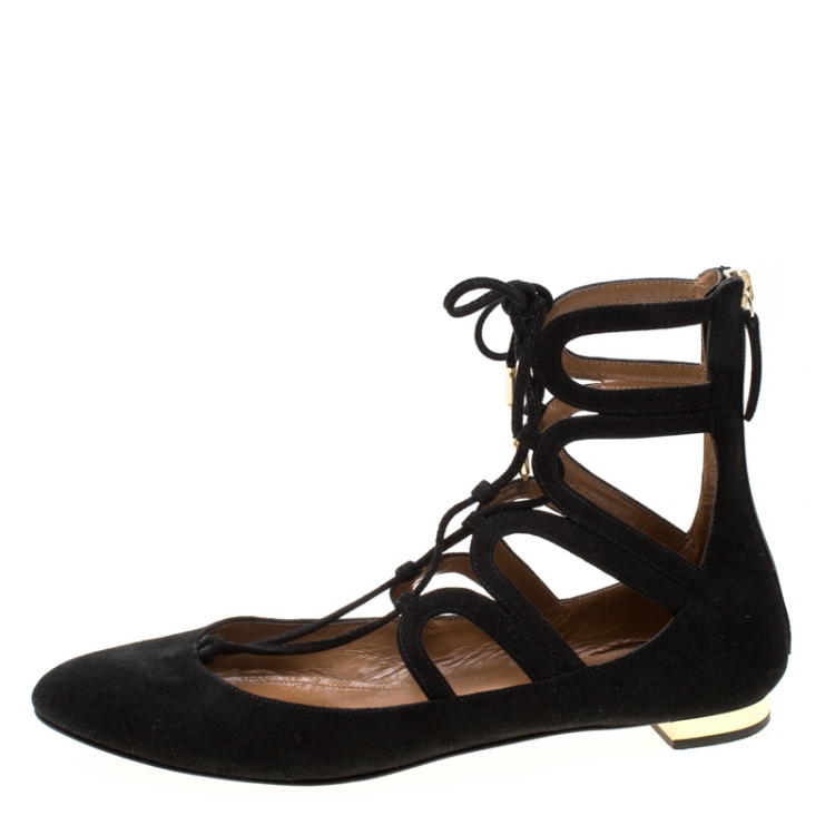 Pre Owned Aquazzura Black Suede Dancer Lace Up Ballet Flats Size 37.5