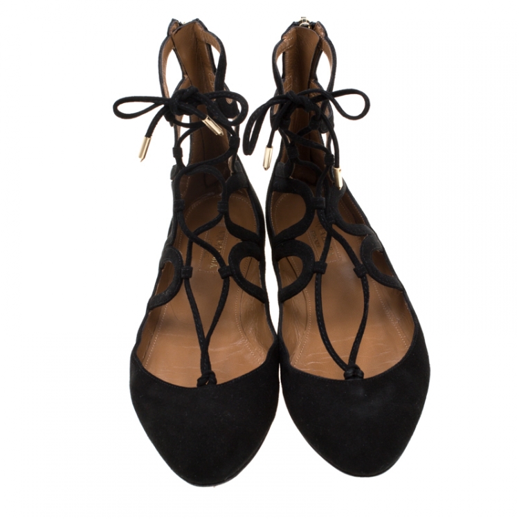 Pre Owned Aquazzura Black Suede Dancer Lace Up Ballet Flats Size 37.5