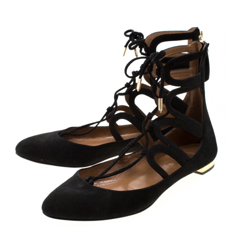 Pre Owned Aquazzura Black Suede Dancer Lace Up Ballet Flats Size 37.5