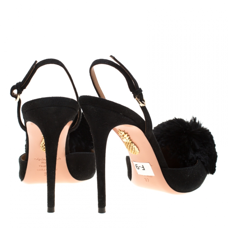 Pre Owned Aquazzura Black Suede Powder Puff Pointed Toe Slingback Sandals Size 37