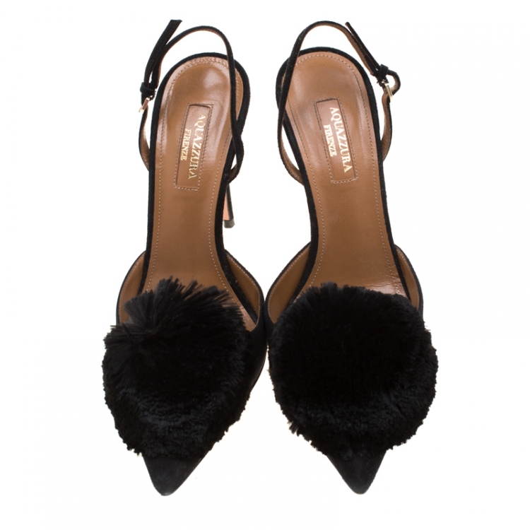 Pre Owned Aquazzura Black Suede Powder Puff Pointed Toe Slingback Sandals Size 37