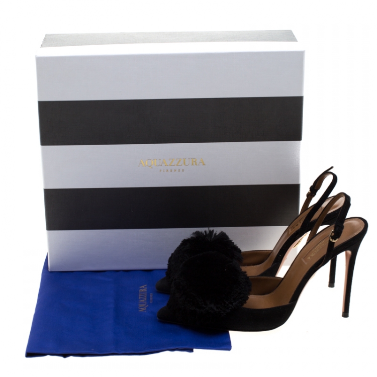 Pre Owned Aquazzura Black Suede Powder Puff Pointed Toe Slingback Sandals Size 37