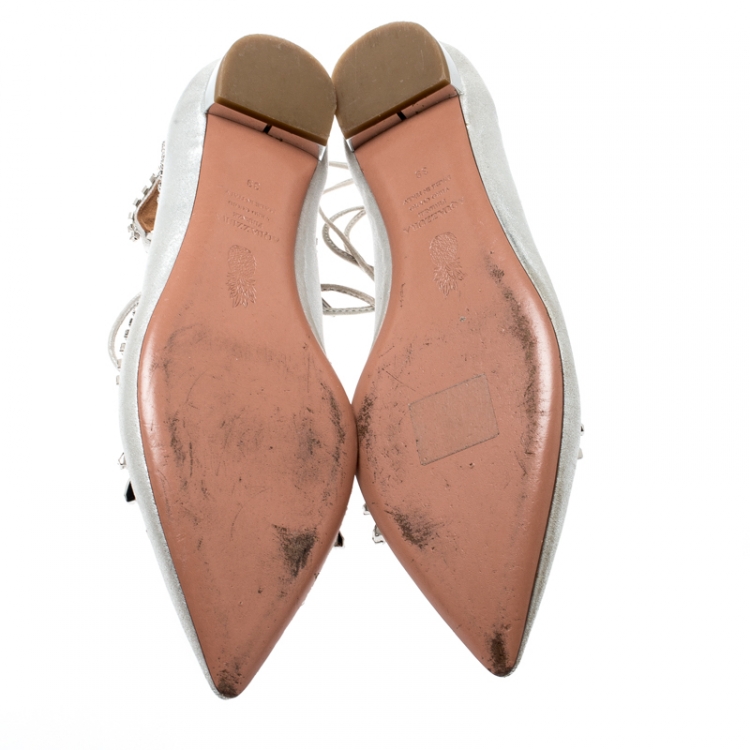 Pre Owned Aquazzura Metallic Silver Suede Crystal Embellished Pointed Toe Ballet Flats Size 39