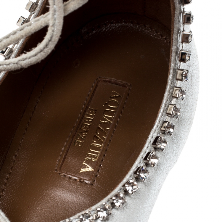 Pre Owned Aquazzura Metallic Silver Suede Crystal Embellished Pointed Toe Ballet Flats Size 39