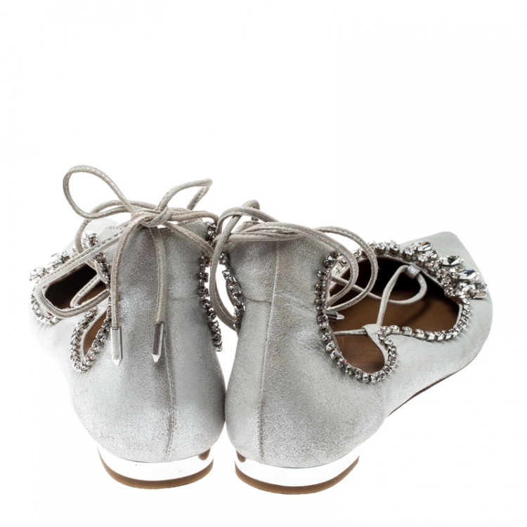 Pre Owned Aquazzura Metallic Silver Suede Crystal Embellished Pointed Toe Ballet Flats Size 39