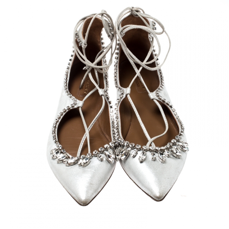 Pre Owned Aquazzura Metallic Silver Suede Crystal Embellished Pointed Toe Ballet Flats Size 39