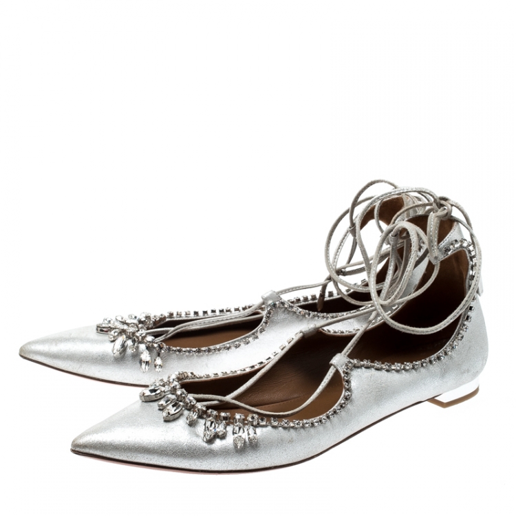 Pre Owned Aquazzura Metallic Silver Suede Crystal Embellished Pointed Toe Ballet Flats Size 39