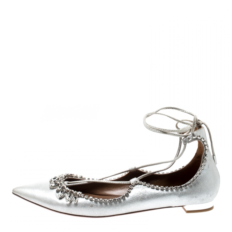 Pre Owned Aquazzura Metallic Silver Suede Crystal Embellished Pointed Toe Ballet Flats Size 39
