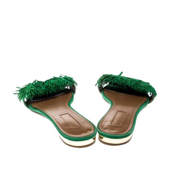 Pre Owned Aquazzura Green Suede Wild Thing Fringe Trimmed Flat Slides Size 37