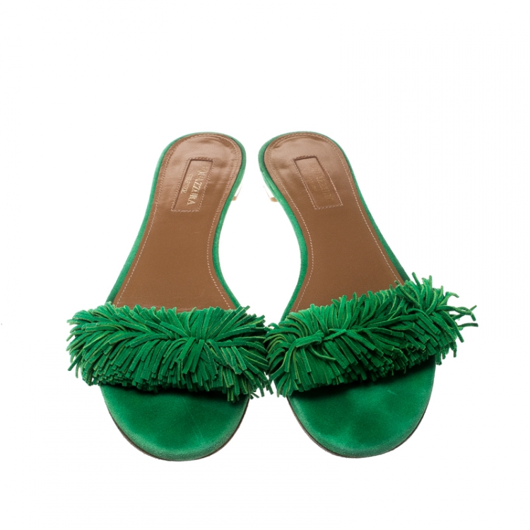 Pre Owned Aquazzura Green Suede Wild Thing Fringe Trimmed Flat Slides Size 37