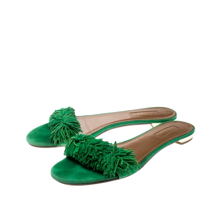 Pre Owned Aquazzura Green Suede Wild Thing Fringe Trimmed Flat Slides Size 37