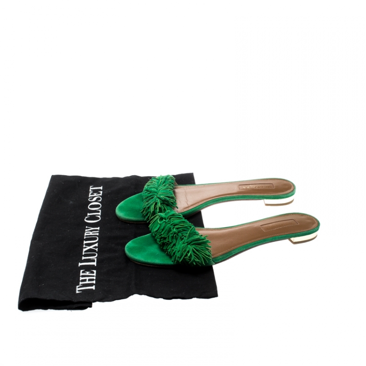Pre Owned Aquazzura Green Suede Wild Thing Fringe Trimmed Flat Slides Size 37