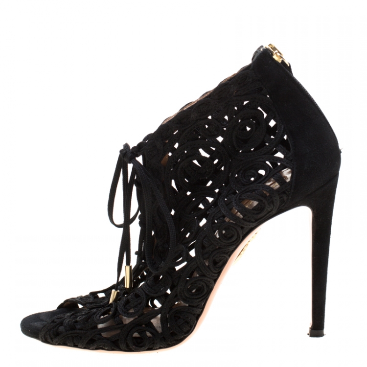 Pre Owned Aquazzura Black Suede And Lace Cut Out Open Toe Booties Size 36.5