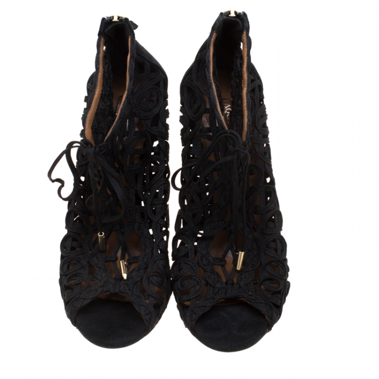 Pre Owned Aquazzura Black Suede And Lace Cut Out Open Toe Booties Size 36.5