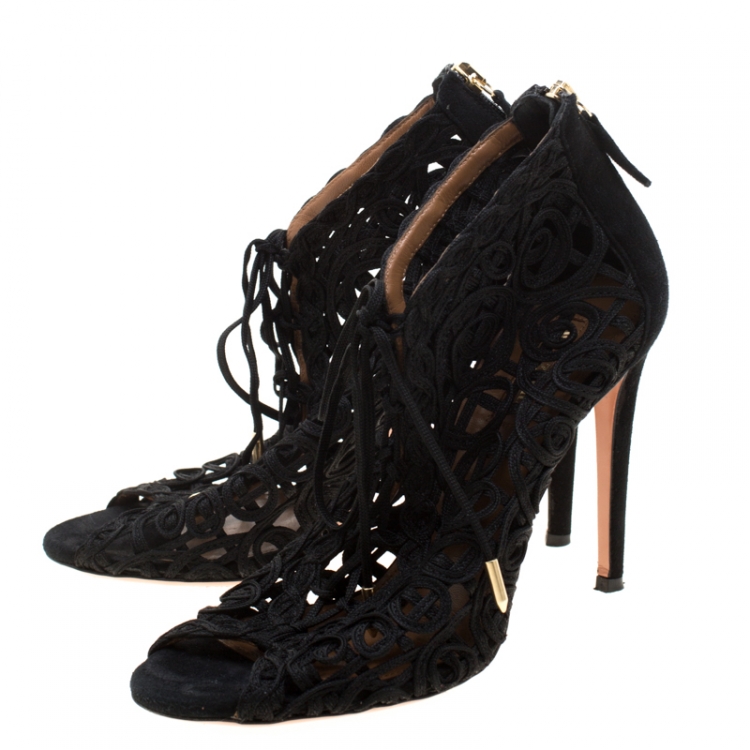 Pre Owned Aquazzura Black Suede And Lace Cut Out Open Toe Booties Size 36.5