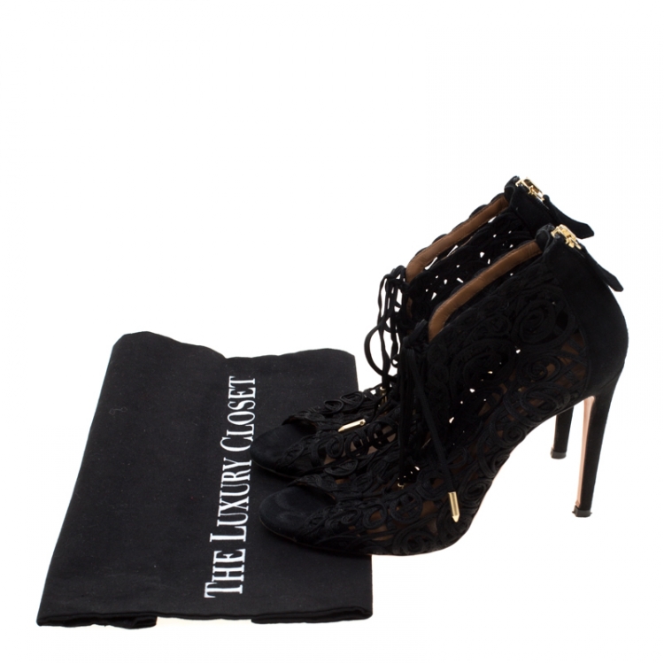 Pre Owned Aquazzura Black Suede And Lace Cut Out Open Toe Booties Size 36.5