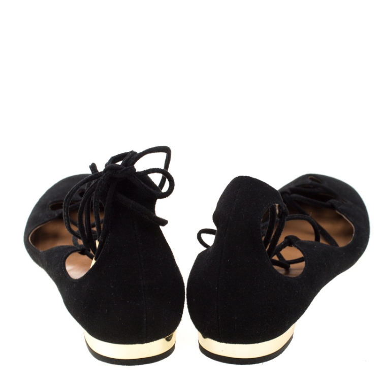 Pre Owned Aquazzura Black Suede Dancer Lace Up Flats Size 38