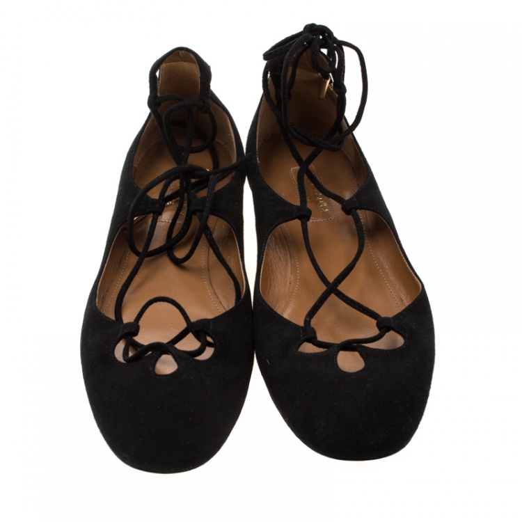 Pre Owned Aquazzura Black Suede Dancer Lace Up Flats Size 38