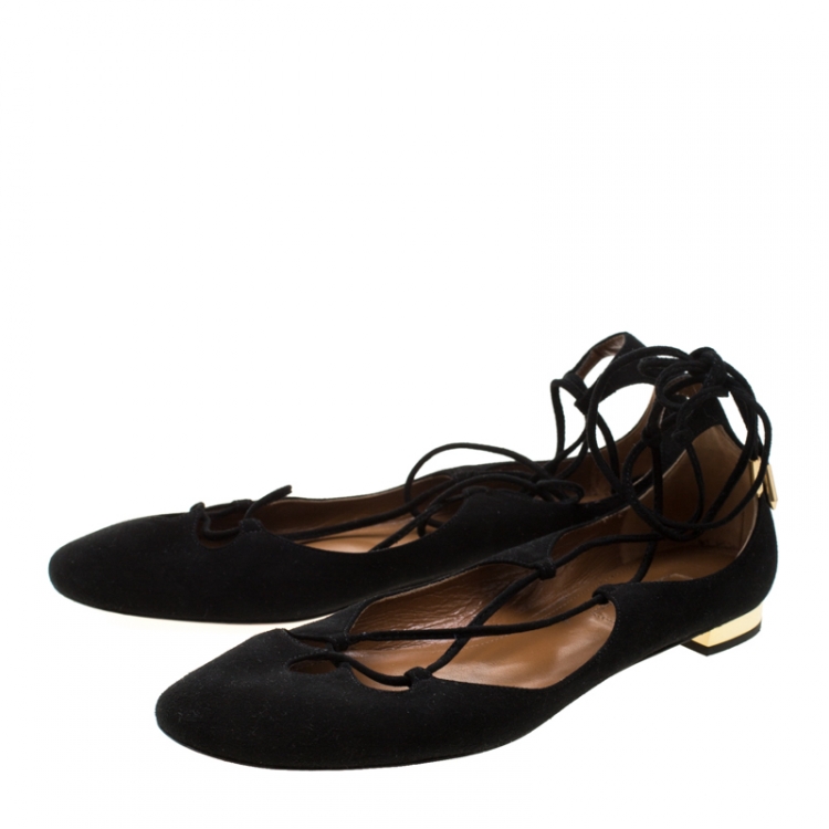 Pre Owned Aquazzura Black Suede Dancer Lace Up Flats Size 38