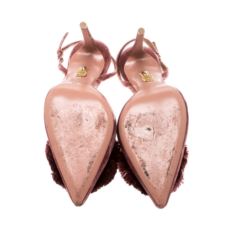 Pre Owned  Aquazzura Pink Velvet Powder Puff Pointed Toe Slingback Sandals Size 39