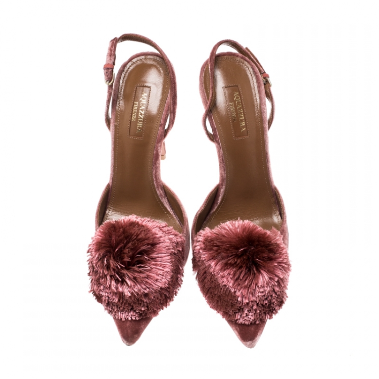 Pre Owned  Aquazzura Pink Velvet Powder Puff Pointed Toe Slingback Sandals Size 39