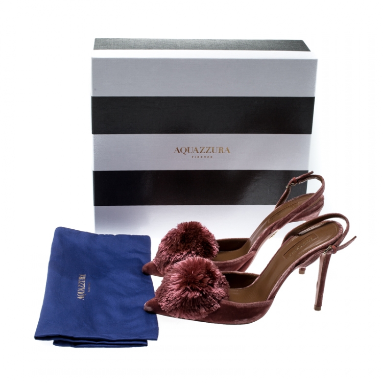 Pre Owned  Aquazzura Pink Velvet Powder Puff Pointed Toe Slingback Sandals Size 39